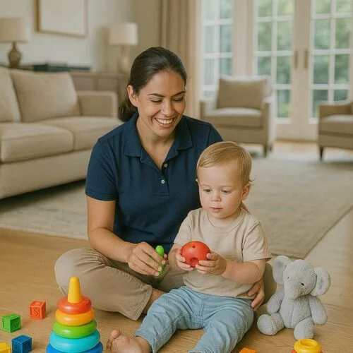 Babá brincando com criança em ambiente seguro